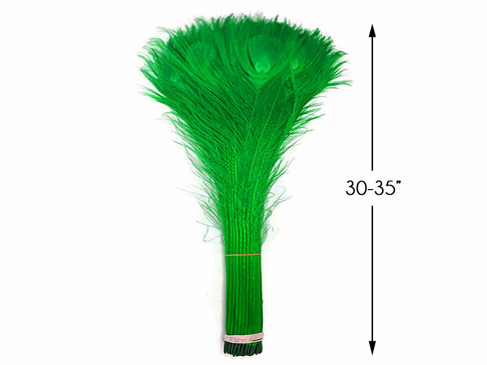 50 Pieces - 30-35" Kelly Green Bleached & Dyed Peacock Tail Eye Wholesale Feathers (Bulk)