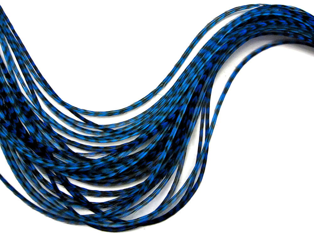 6 Pieces - XL Royal Blue Grizzly Thin Whiting Farm Rooster Hair Extension Feathers 11" and Up