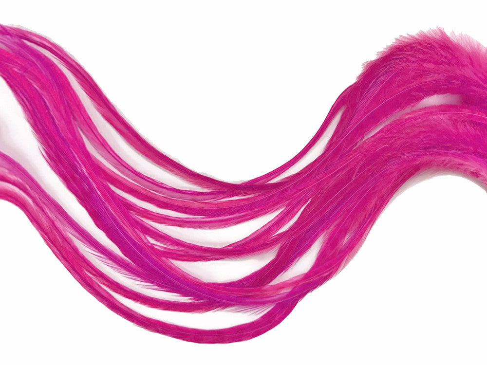 6 Pieces - XL Solid Hot Pink Thick Long Whiting Farm Rooster Saddle Hair Extension Feathers