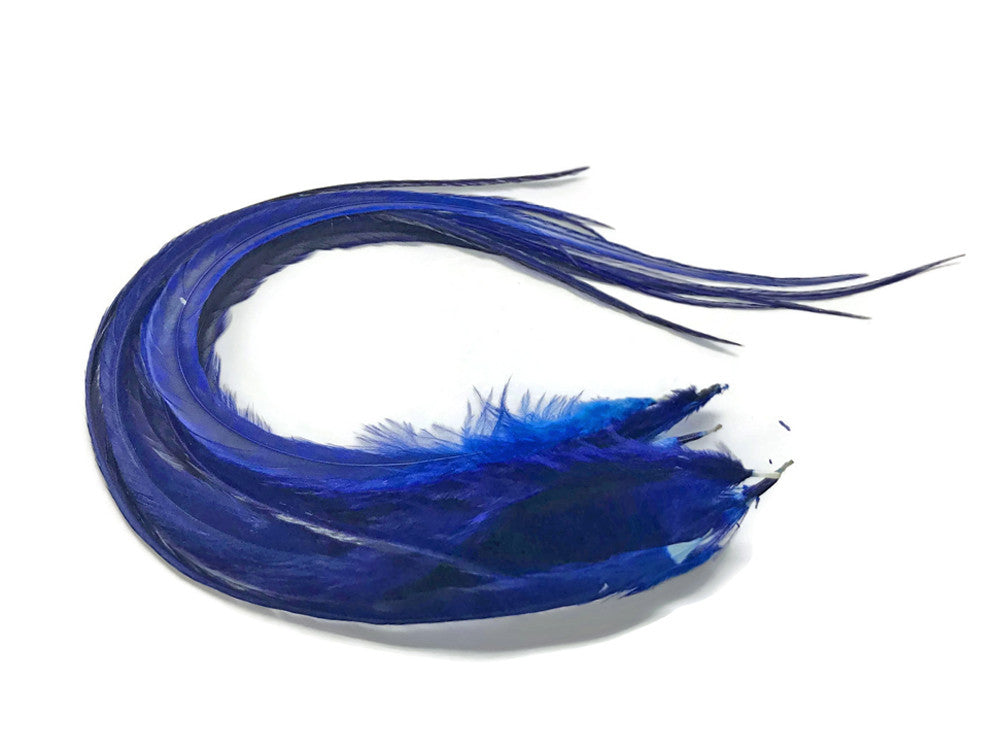 6 Pieces - Solid Royal Blue Thick Long Rooster Hair Extension Feathers
