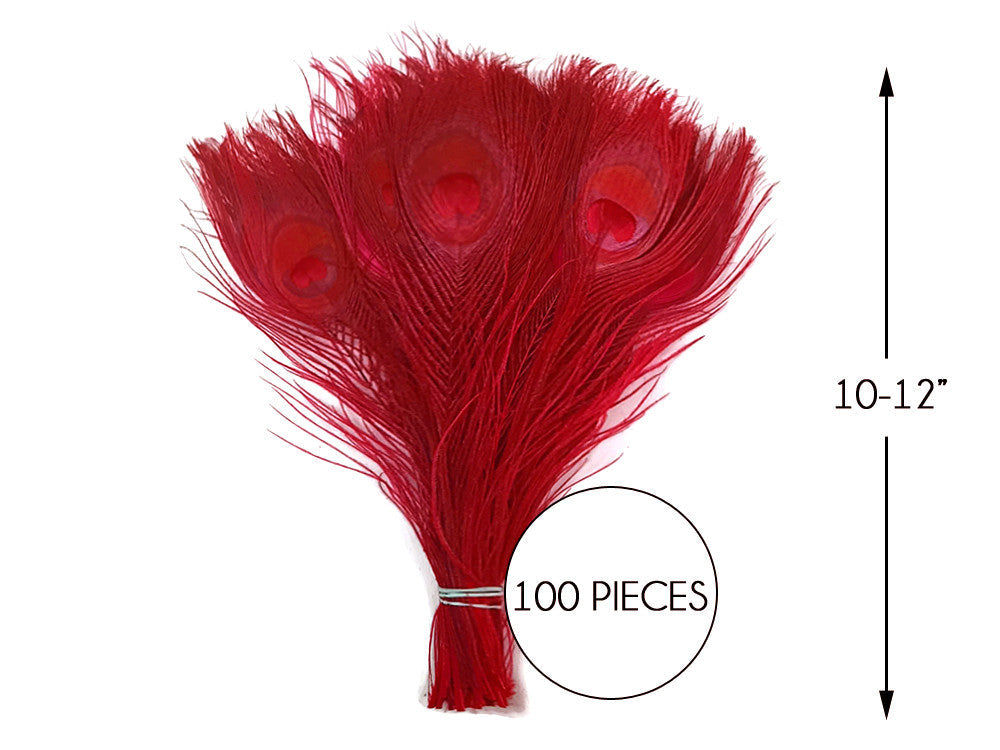 100 Pieces – Red Bleached & Dyed Peacock Tail Eye Wholesale Feathers (Bulk) 10-12” Long 