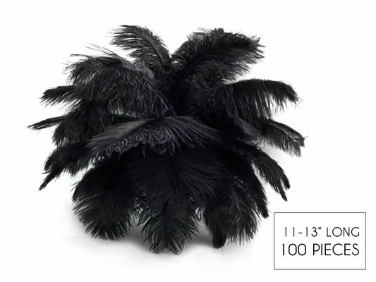 100 Pieces - 11-13" Black Ostrich Drabs Wholesale Body Feathers (Bulk)