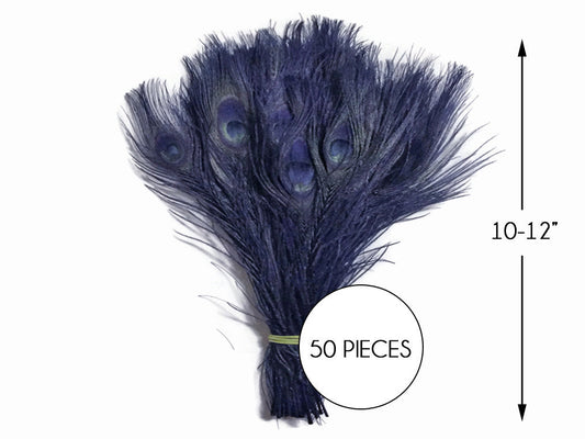 50 Pieces – Navy Blue Bleached & Dyed Peacock Tail Eye Wholesale Feathers (Bulk) 10-12” Long 