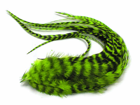 6 Pieces - Lime Green Thick Long Grizzly Rooster Hair Extension Feathers
