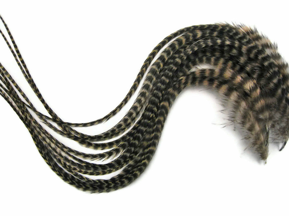 6 Pieces - XL Tan Thick Long Grizzly Whiting Farm Rooster Saddle Hair Extension Feathers